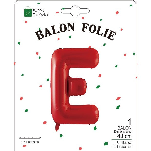 Balon Folie Metalizata Litera E, Flippy, 40 cm, Umflati cu Heliu sau Aer, Ambalaj Individual, Pai inclus, Rosu-1