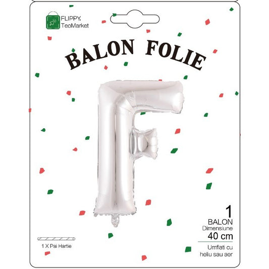 Balon Folie Metalizata Litera F, Flippy, 40 cm, Umflati cu Heliu sau Aer, Ambalaj Individual, Pai inclus, Argintiu-1