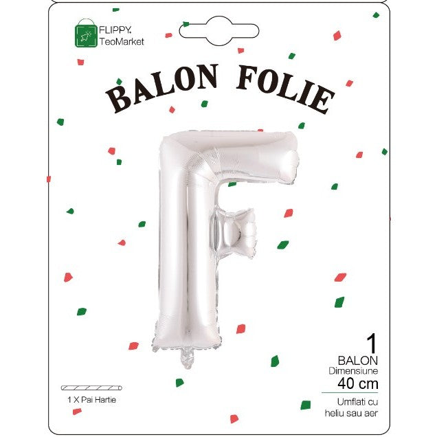 Balon Folie Metalizata Litera F, Flippy, 40 cm, Umflati cu Heliu sau Aer, Ambalaj Individual, Pai inclus, Argintiu-1