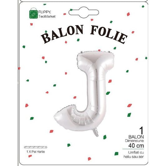 Balon Folie Metalizata Litera J, Flippy, 40 cm, Umflati cu Heliu sau Aer, Ambalaj Individual, Pai inclus, Argintiu-1