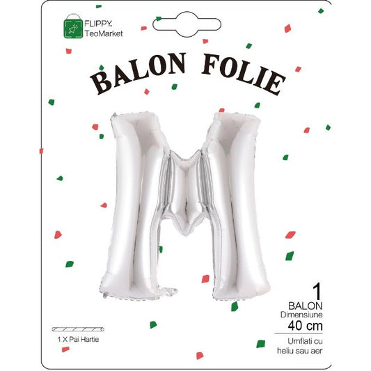 Balon Folie Metalizata Litera M, Flippy, 40 cm, Umflati cu Heliu sau Aer, Ambalaj Individual, Pai inclus, Argintiu-1
