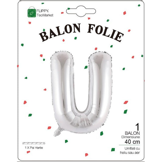 Balon Folie Metalizata Litera U, Flippy, 40 cm, Umflati cu Heliu sau Aer, Ambalaj Individual, Pai inclus, Argintiu-1