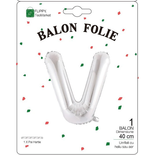 Balon Folie Metalizata Litera V, Flippy, 40 cm, Umflati cu Heliu sau Aer, Ambalaj Individual, Pai inclus, Argintiu-1