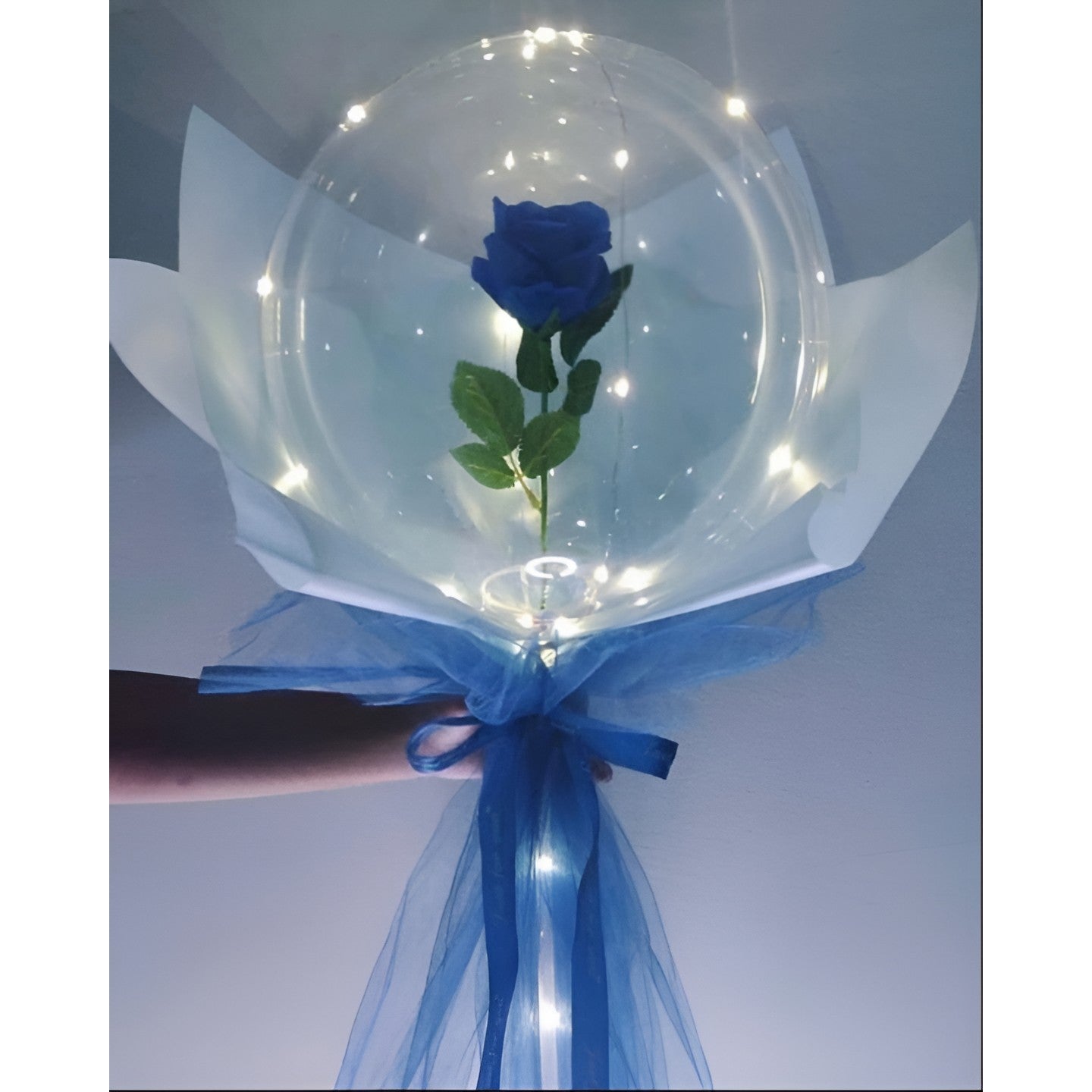 Trandafir in Balon LED cu Lumini, Flippy, Tip Buchet, Diametru 35 cm, Albastru-3