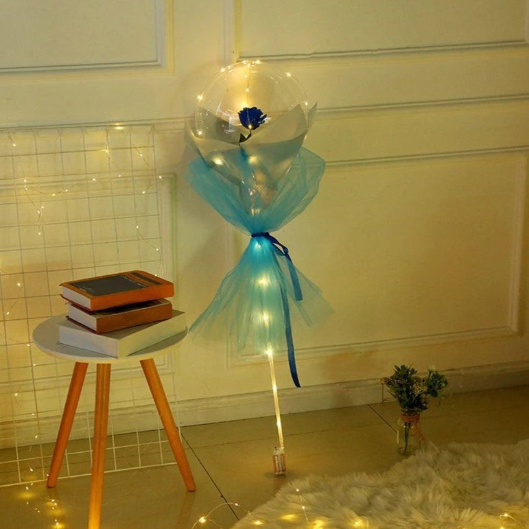 Trandafir in Balon LED cu Lumini, Flippy, Tip Buchet, Diametru 35 cm, Albastru-4