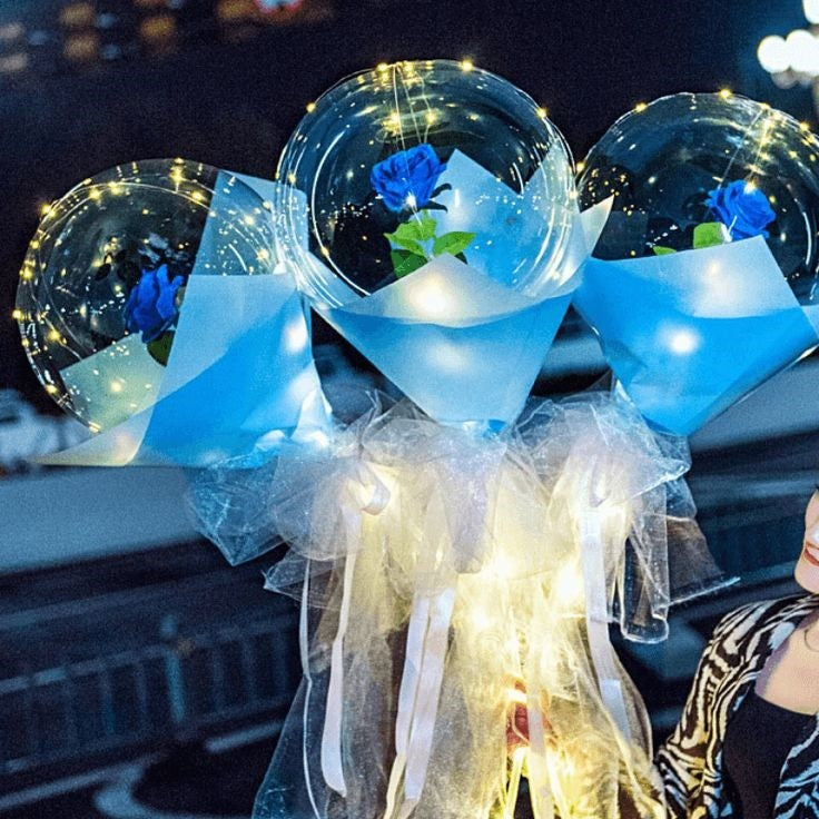 Trandafir in Balon LED cu Lumini, Flippy, Tip Buchet, Diametru 35 cm, Albastru-5