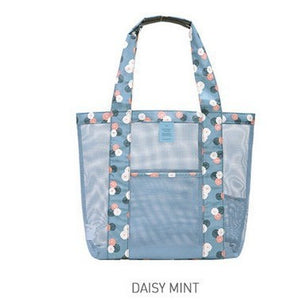 Geantă din Plasă de Plajă, Flippy, de Mare Capacitate cu un Singur Umăr, Lungime Superioară 43cm, Lungime Inferioară 33 cm, Lățime Inferioară 10 cm, Inălțime 33 cm, Flori Albastre-0