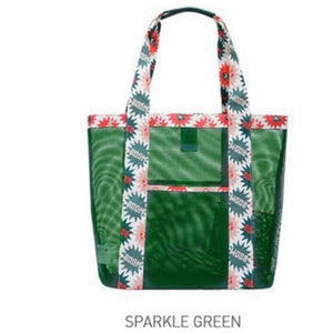 Geantă din Plasă de Plajă, Flippy, de Mare Capacitate cu un Singur Umăr, Lungime Superioară 43cm, Lungime Inferioară 33 cm, Lățime Inferioară 10 cm, Inălțime 33 cm, Flori Verzi-0