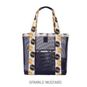 Geantă din Plasă de Plajă, Flippy, de Mare Capacitate cu un Singur Umăr, Lungime Superioară 43cm, Lungime Inferioară 33 cm, Lățime Inferioară 10 cm, Inălțime 33 cm, Neagra cu Flori Portocalii-0