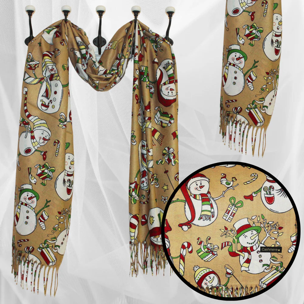 Esarfa Casmir de Crăciun cu Model Oameni de Zăpadă - Bej
