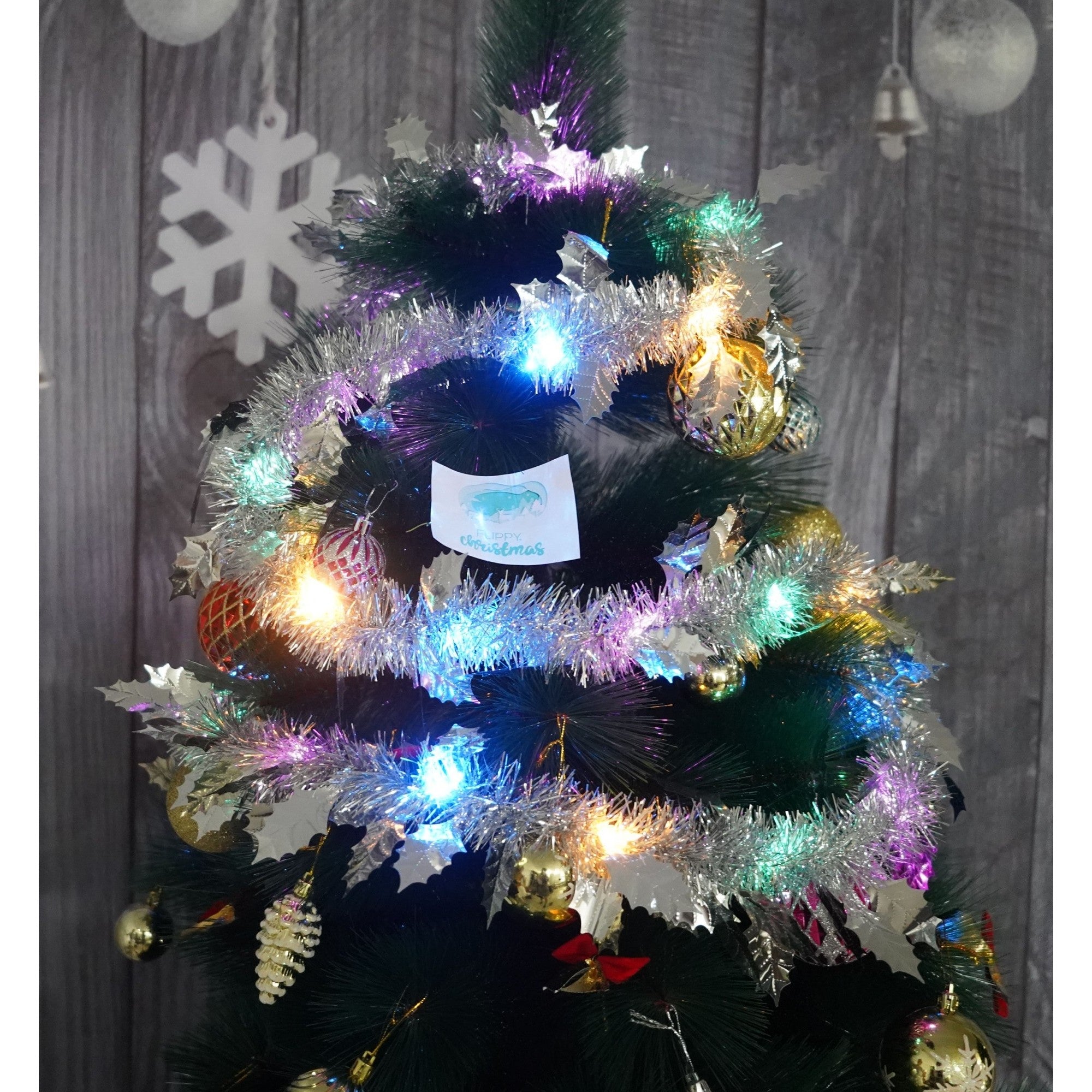 Beteala Craciun cu LED, Argintie, model cu frunze, 2 m x 6 cm, PVC, Sir, Artificiala, Flippy-1