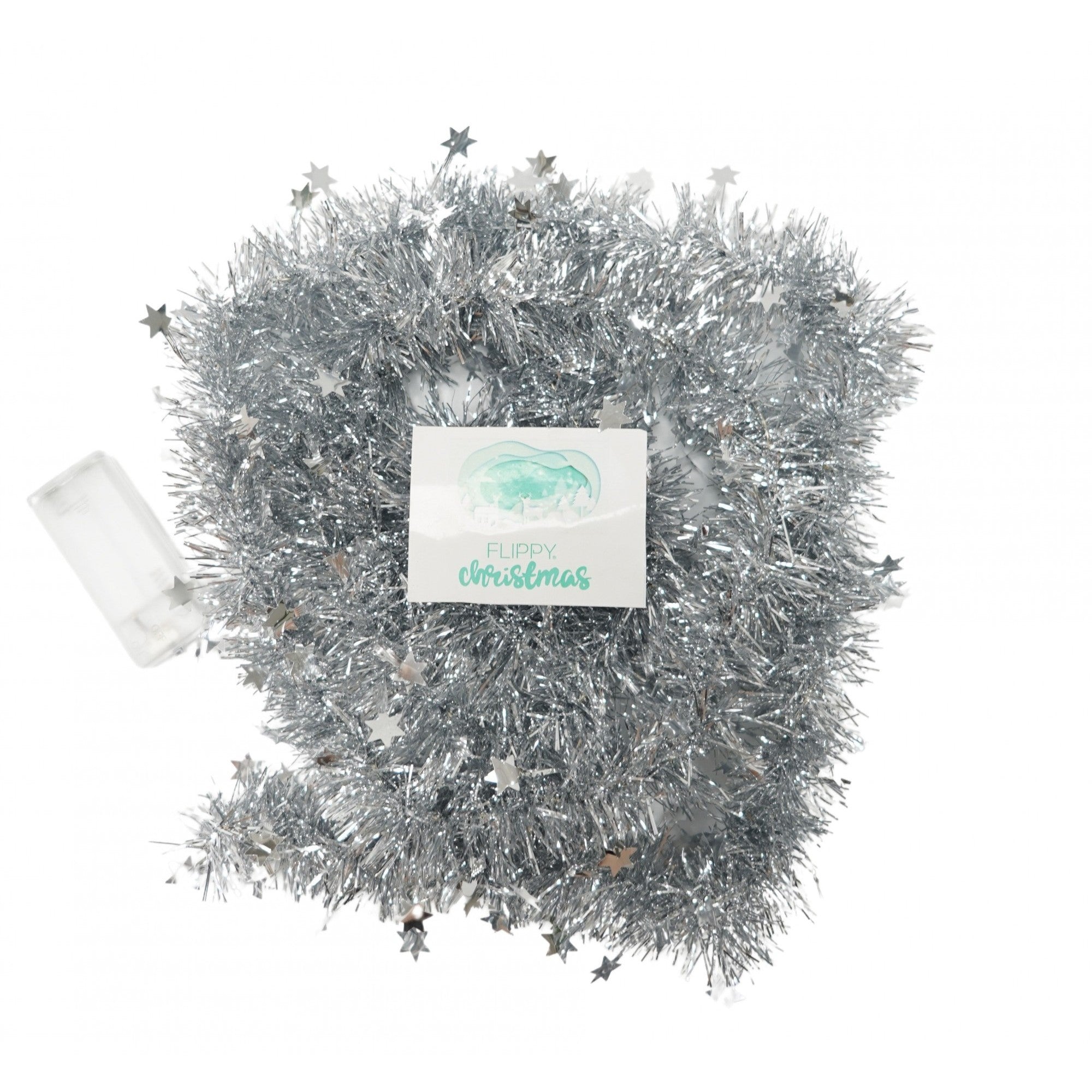 Beteala Craciun cu LED, Argintie, model cu stelute, 2 m x 5 cm, PVC, Sir, Artificiala, Flippy-0