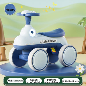 Bicicleta Pentru Copii, Flippy, Fara Pedale, Cu Patru Roti, Din Plastic Rezistent, Fara BPA, Cu Muzica Si Lumini, Model Dinozaur, 50x27x40 Cm, Albastru-0