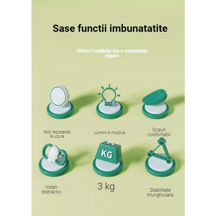 Bicicleta Pentru Copii, Flippy, Fara Pedale, Cu Patru Roti, Din Plastic Rezistent, Fara BPA, Cu Muzica Si Lumini, Model Dinozaur, 50x27x40 Cm, Albastru-2