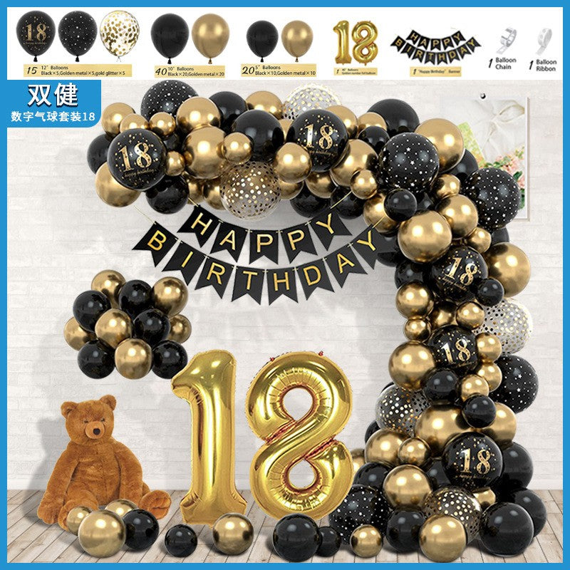 Set Baloane Folie si Latex, Flippy, Tematica Aniversare Majorat, Baloane Latex, Figurine Cifrele 1 si 8, Ambalaj Individual, Pai Inclus, Umflare cu Aer sau Heliu, Auriu Negru-0