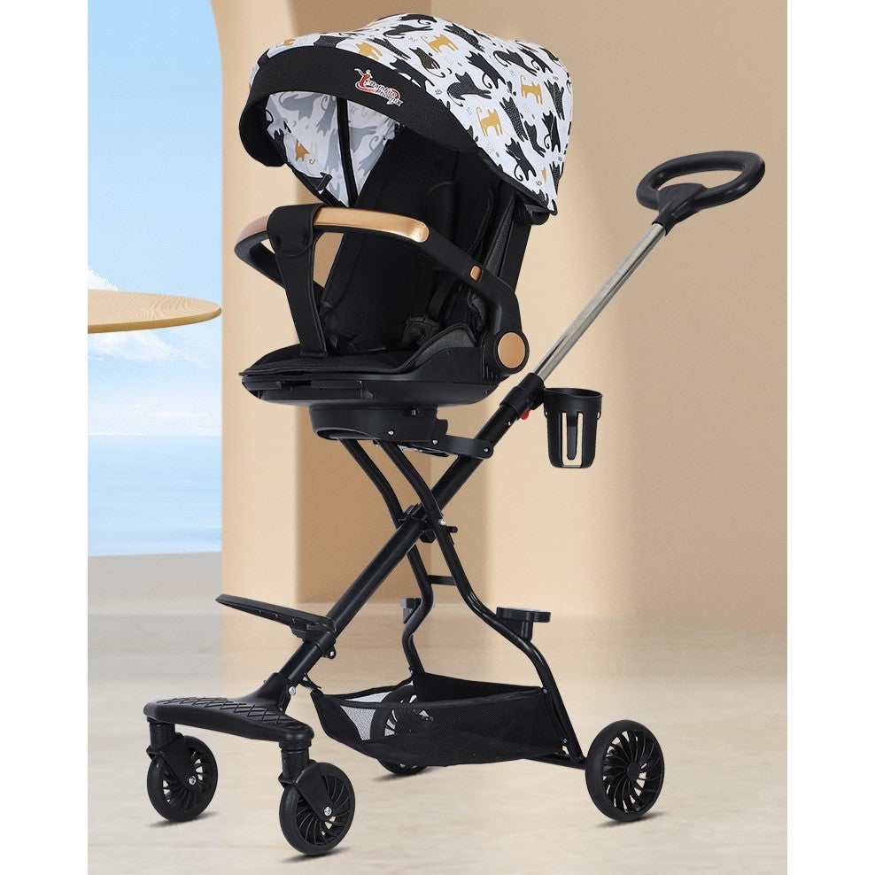 Carucior Sport Flippy 3in1, 6-36 Luni, Reversibil, Pliabil, Tavita pentru Masa, Pozitie de Somn, Centura de Siguranta, Roti 360, Suport Pahar, Copertina pentru Soare, 32x63x95cm, Negru Model Pisicute-6