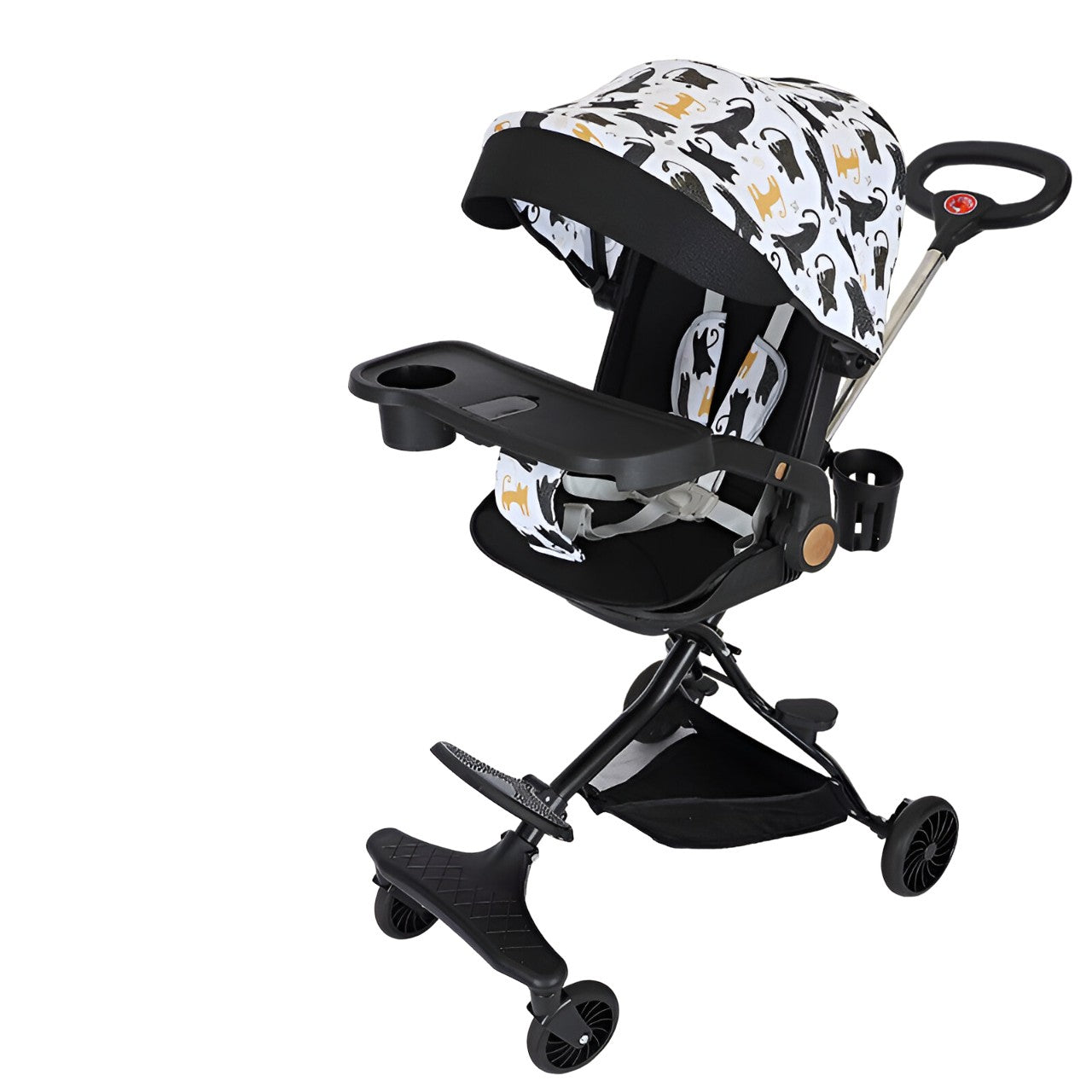 Carucior Sport Flippy 3in1, 6-36 Luni, Reversibil, Pliabil, Tavita pentru Masa, Pozitie de Somn, Centura de Siguranta, Roti 360, Suport Pahar, Copertina pentru Soare, 32x63x95cm, Negru Model Pisicute-0