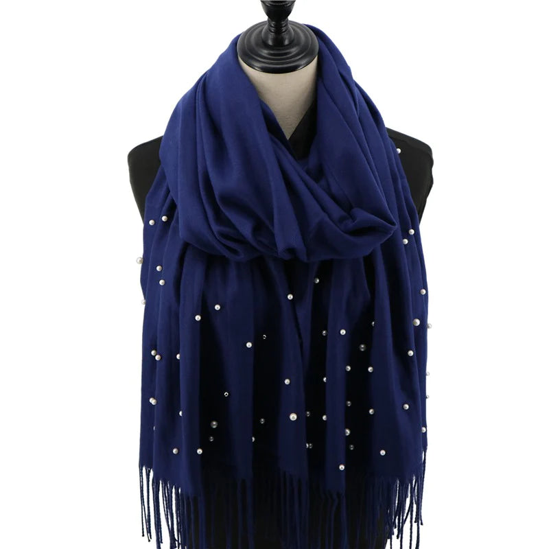 Esarfa din casmir cu perle - Bleumarin