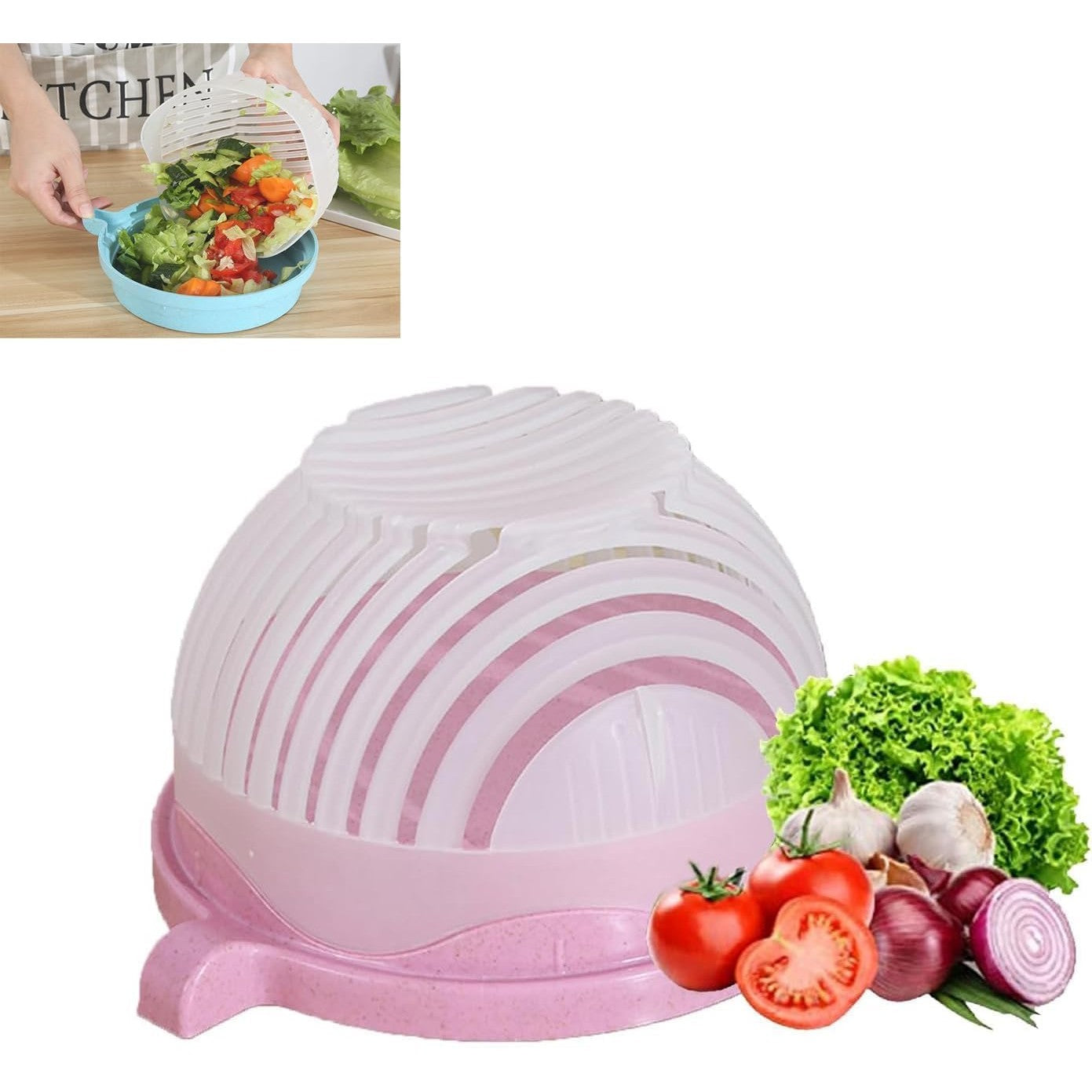 Bol Feliator pentru Salata, Flippy, Castron Multifunctional pentru Legume si Fructe, pentru Spalat si Taiat Legumele, cu Scurgere si Tocator, Ergonomic, Protectie pentru Maini, 21x18.5x11.5 cm, Roz-5