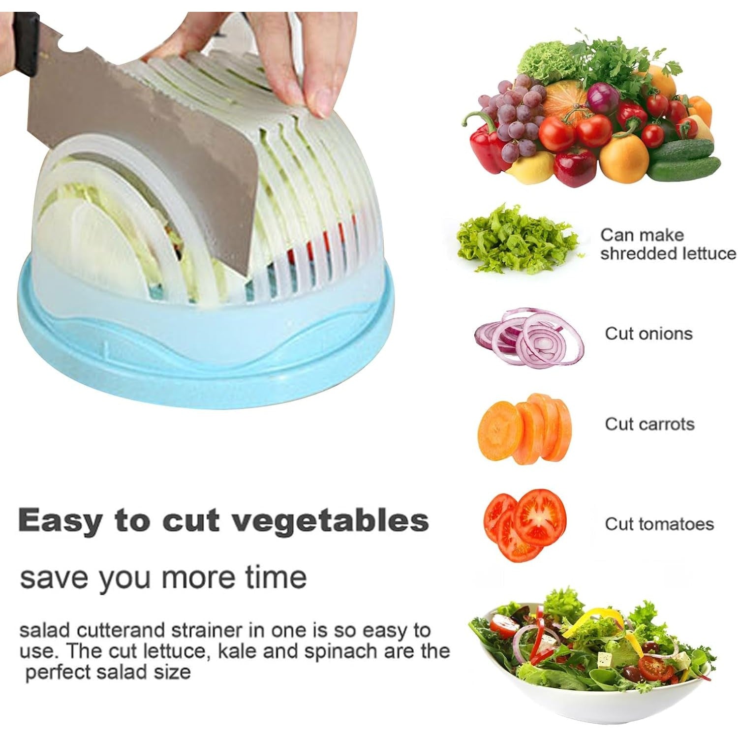 Bol Feliator pentru Salata, Flippy, Castron Multifunctional pentru Legume si Fructe, pentru Spalat si Taiat Legumele, cu Scurgere si Tocator, Ergonomic, Protectie pentru Maini, 21x18.5x11.5 cm, Albastru-3