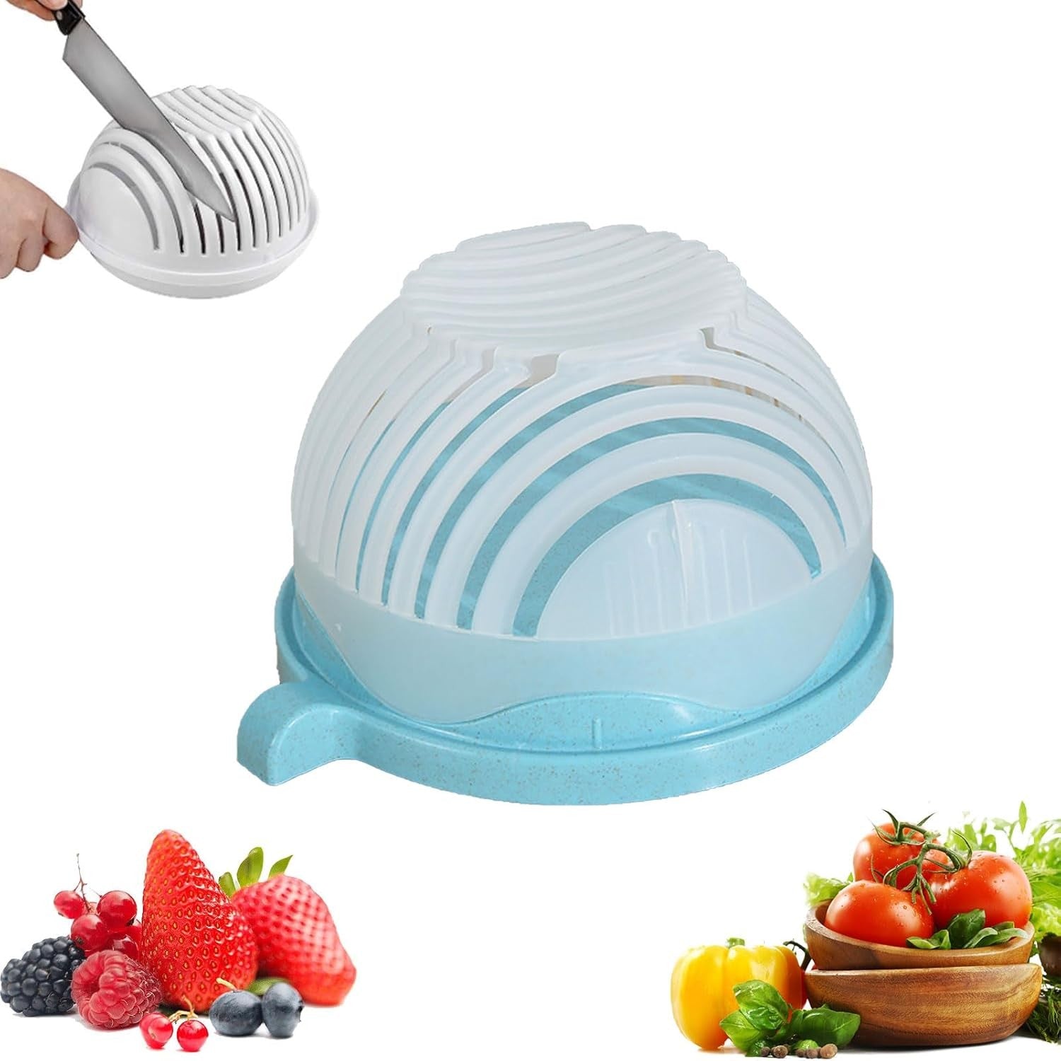 Bol Feliator pentru Salata, Flippy, Castron Multifunctional pentru Legume si Fructe, pentru Spalat si Taiat Legumele, cu Scurgere si Tocator, Ergonomic, Protectie pentru Maini, 21x18.5x11.5 cm, Albastru-4