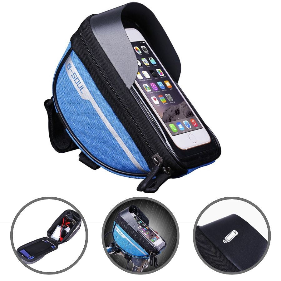 Borseta bicicleta impermeabila cu husa pentru telefon Flippy, montare pe ghidon, compatibila cu telefoane de pana la 16 cm, spatiu depozitare, 18.5x9.5 cm, albastru-1