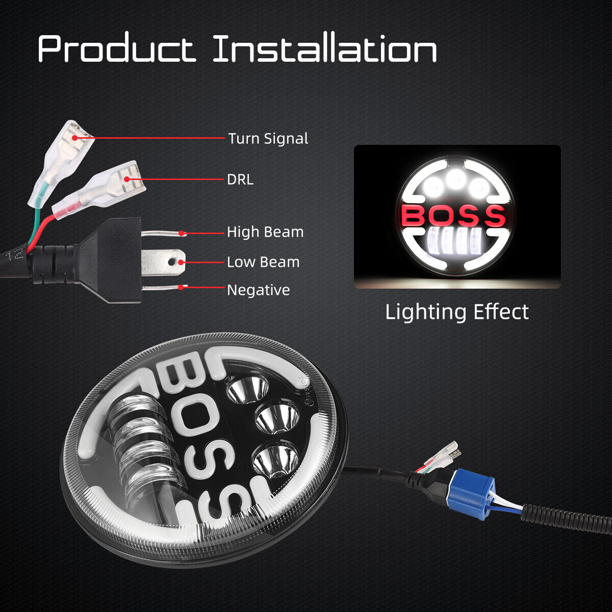 Lampa Suplimentara LED pentru Vehicule Off-Road, ATV, SSV, cu inscriptie "BOSS" si functii_ Faza Lunga, Faza Scurta, Semnalizare, Pozitie, tensiune alimentare 9 - 36V, diametru Ø170 mm-1