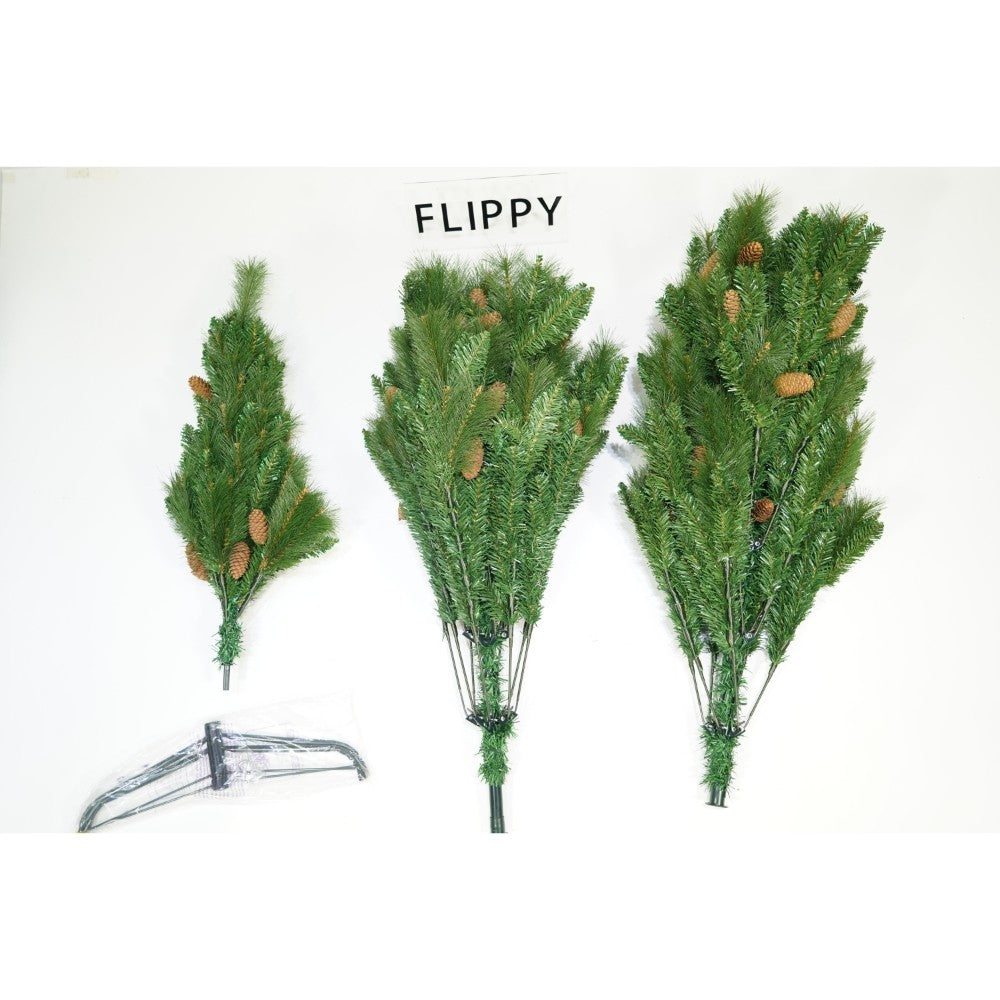 Brad artificial de Craciun, Decorat cu conuri de pin, pentru interior/exterior, inaltime 210 cm, diametru 114 cm, 1057 ramuri, Flippy, verde, suport metalic inclus-1