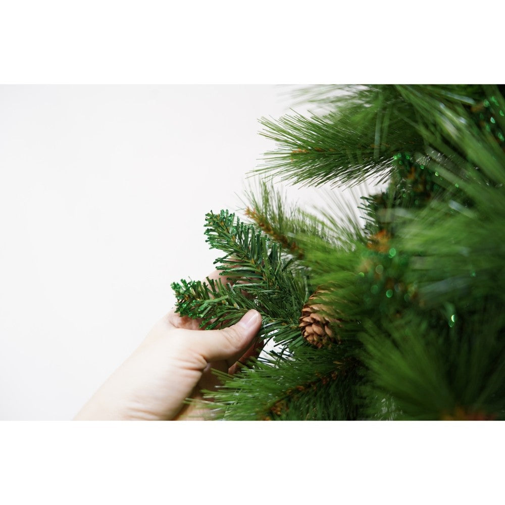 Brad artificial de Craciun, Decorat cu conuri de pin, pentru interior/exterior, inaltime 210 cm, diametru 114 cm, 1057 ramuri, Flippy, verde, suport metalic inclus-2