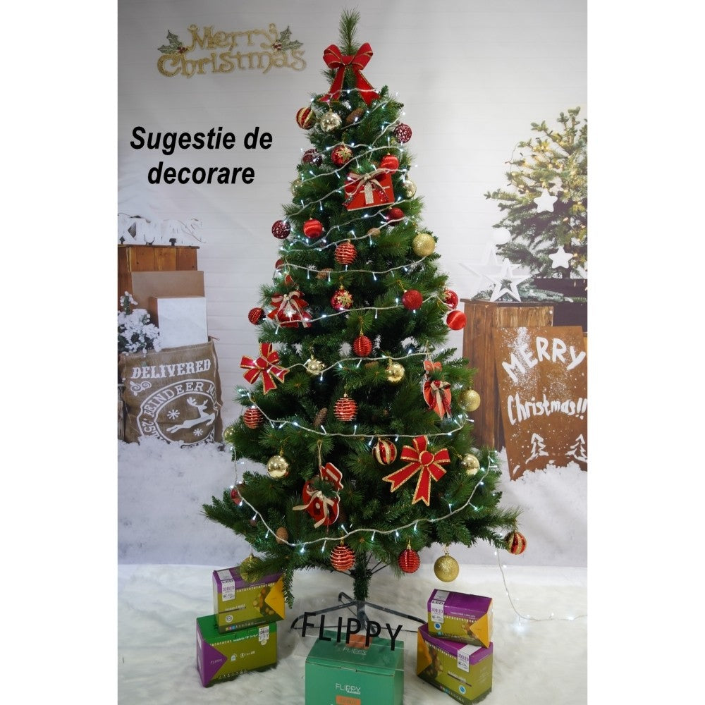 Brad artificial de Craciun, Decorat cu conuri de pin, pentru interior/exterior, inaltime 210 cm, diametru 114 cm, 1057 ramuri, Flippy, verde, suport metalic inclus-4