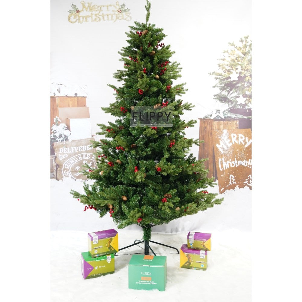 Brad artificial de Craciun, decorat cu conuri pin rosii, inaltime 210 cm, diametru 137 cm, 1172 ramuri, Flippy, verde, suport metalic inclus-2