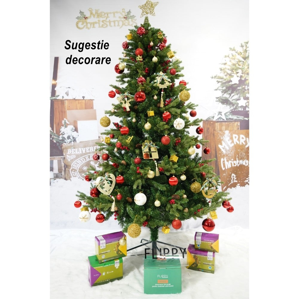 Brad artificial de Craciun, decorat cu conuri pin rosii, inaltime 210 cm, diametru 137 cm, 1172 ramuri, Flippy, verde, suport metalic inclus-4