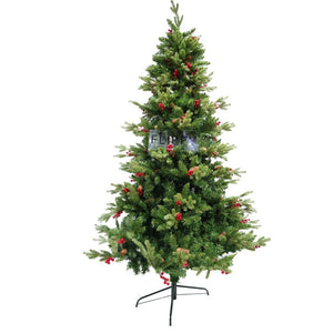 Brad artificial de Craciun, decorat cu conuri pin rosii, inaltime 210 cm, diametru 137 cm, 1172 ramuri, Flippy, verde, suport metalic inclus-0