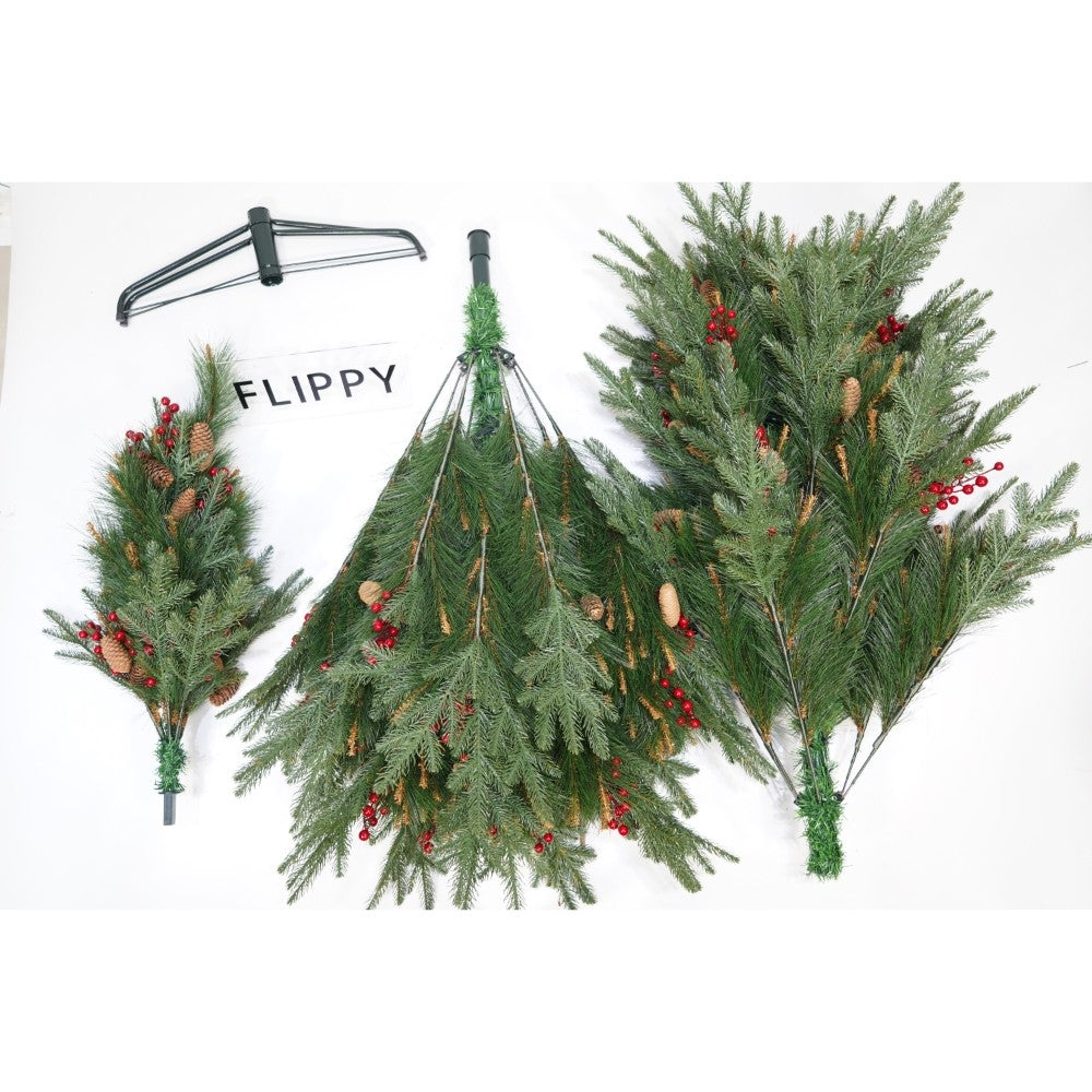 Brad artificial de Craciun, decorat cu conuri pin rosii, pentru interior/exterior, inaltime 150 cm, diametru 104 cm, 323 ramuri, Flippy, verde, suport metalic inclus-1