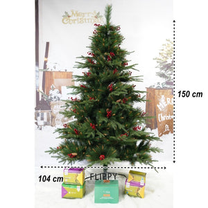 Brad artificial de Craciun, decorat cu conuri pin rosii, pentru interior/exterior, inaltime 150 cm, diametru 104 cm, 323 ramuri, Flippy, verde, suport metalic inclus-0