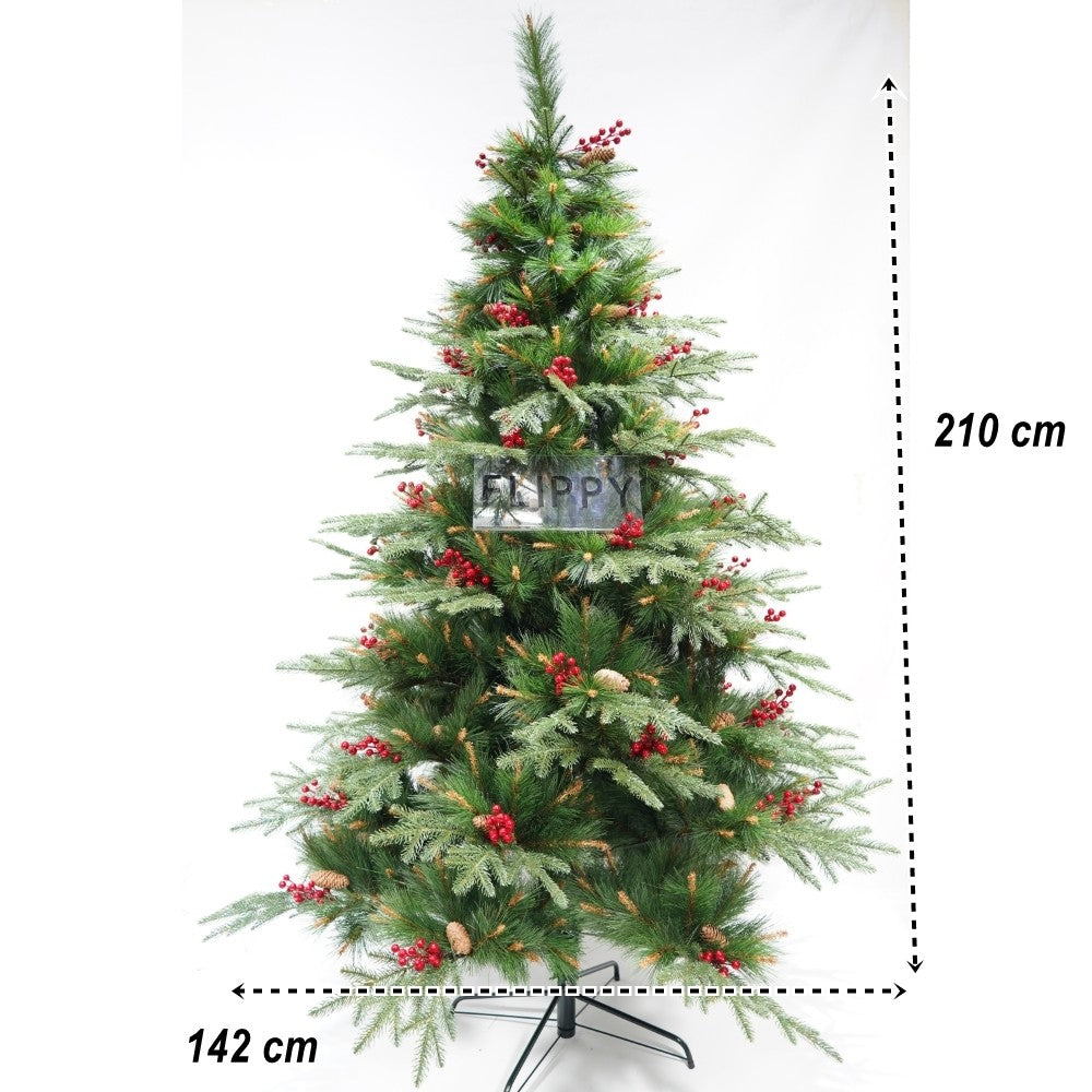 Brad artificial de Craciun, decorat cu conuri pin rosii, pentru interior/exterior, inaltime 210 cm, diametru 142 cm, 767 ramuri, Flippy, verde, suport metalic inclus-3