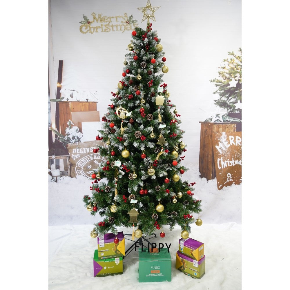 Brad artificial de Craciun nins, decorat cu conuri pin rosii, inaltime 180 cm, diametru 95 cm, 319 ramuri, Flippy, verde, suport metalic inclus-4
