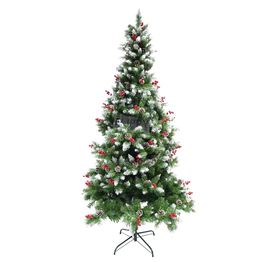 Brad artificial de Craciun nins, decorat cu conuri pin rosii, inaltime 180 cm, diametru 95 cm, 319 ramuri, Flippy, verde, suport metalic inclus-0