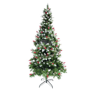 Brad artificial de Craciun nins, decorat cu conuri pin rosii, inaltime 180 cm, diametru 95 cm, 319 ramuri, Flippy, verde, suport metalic inclus-0