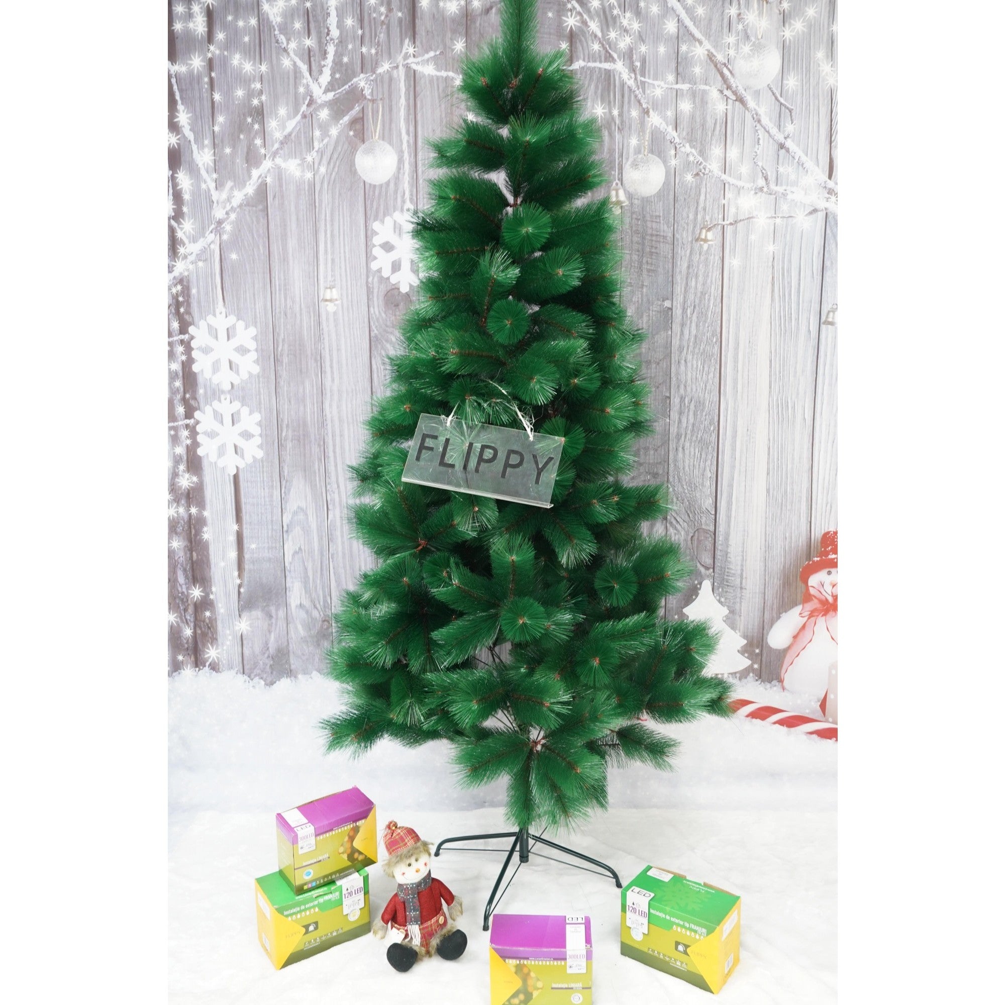 Brad artificial de Craciun tip pin, inaltime 210 cm, diametru 115 cm, 350 ramuri cu ace 3D 12 cm, Flippy, verde, suport metalic inclus-1