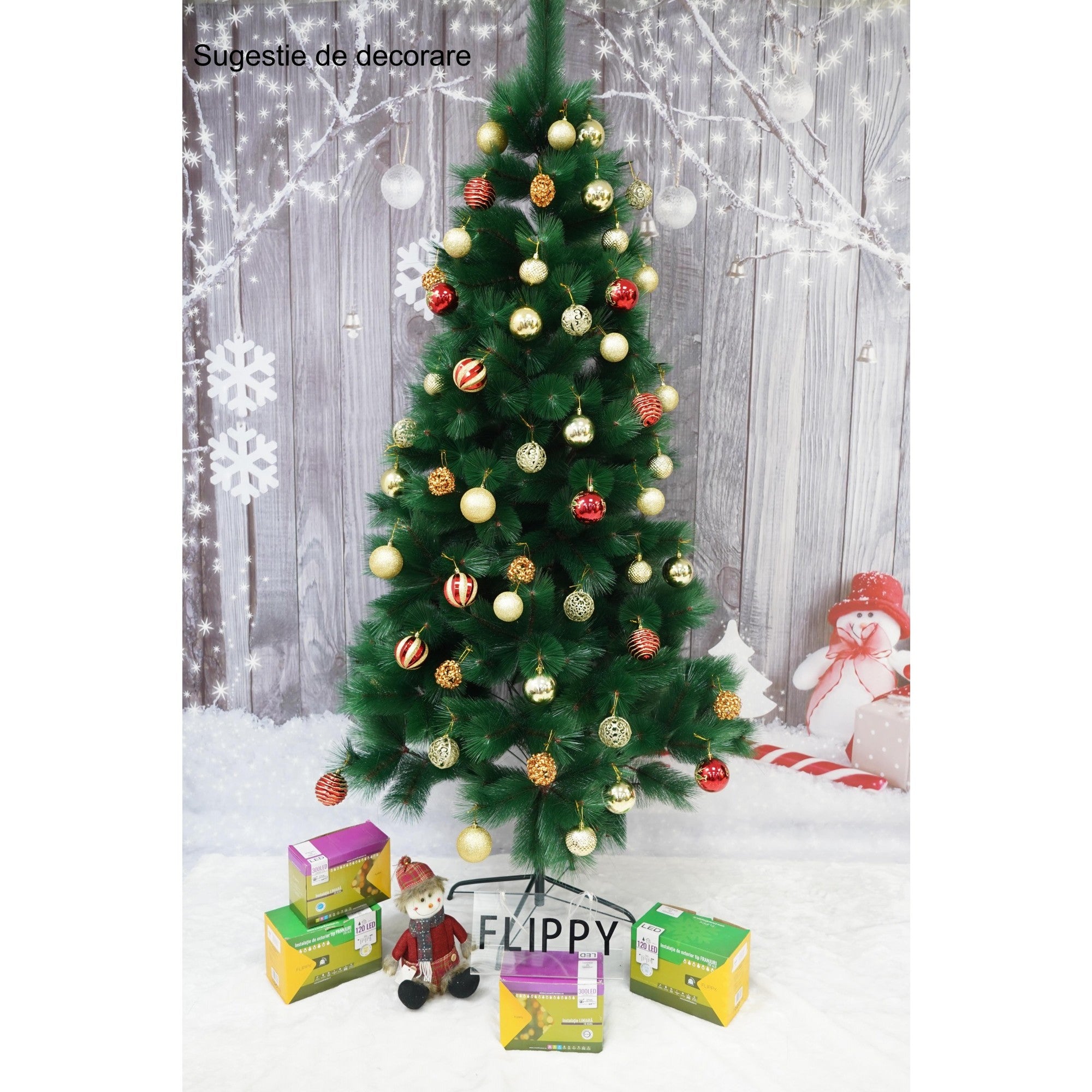 Brad artificial de Craciun tip pin, inaltime 210 cm, diametru 115 cm, 350 ramuri cu ace 3D 12 cm, Flippy, verde, suport metalic inclus-2