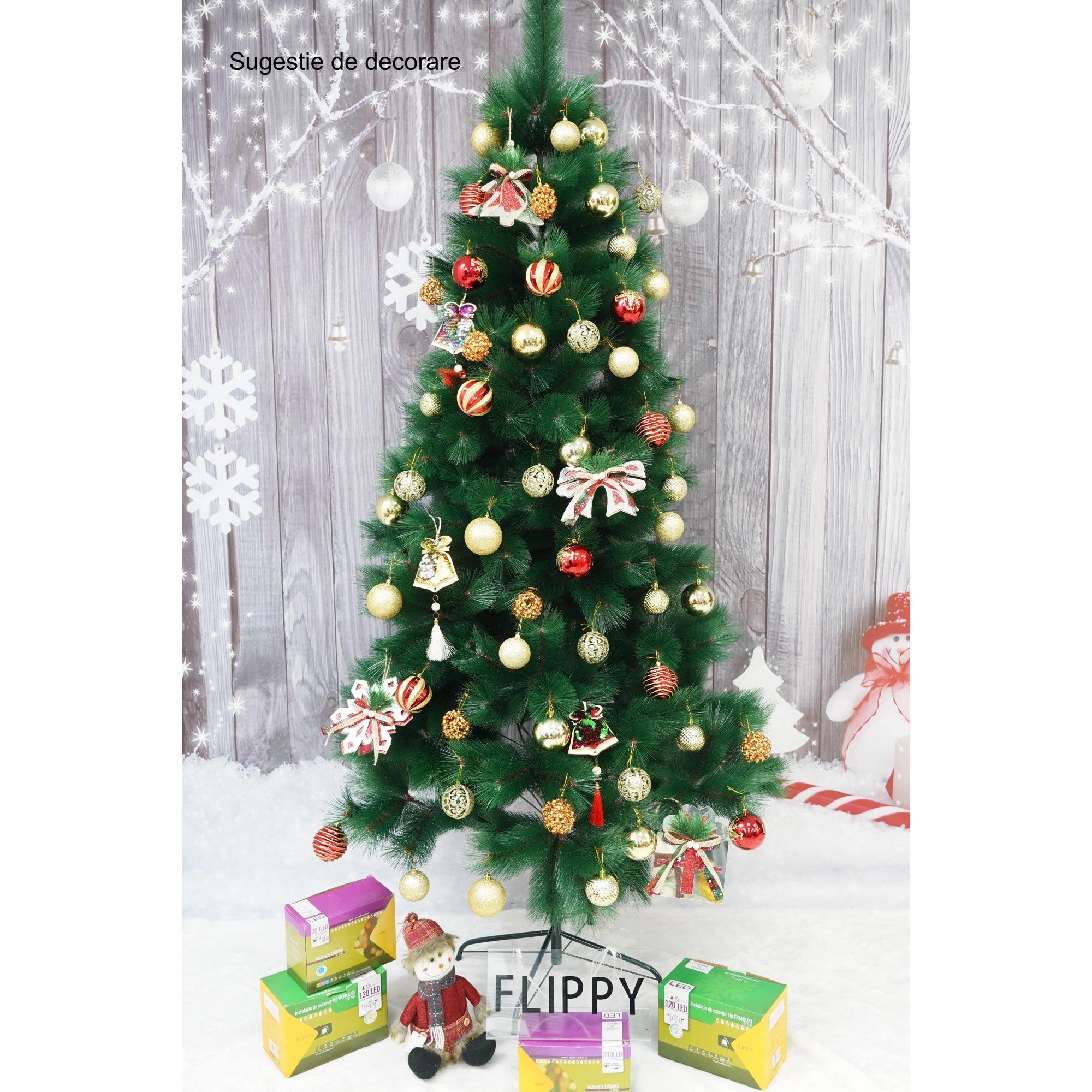 Brad artificial de Craciun tip pin, inaltime 210 cm, diametru 115 cm, 350 ramuri cu ace 3D 12 cm, Flippy, verde, suport metalic inclus-3