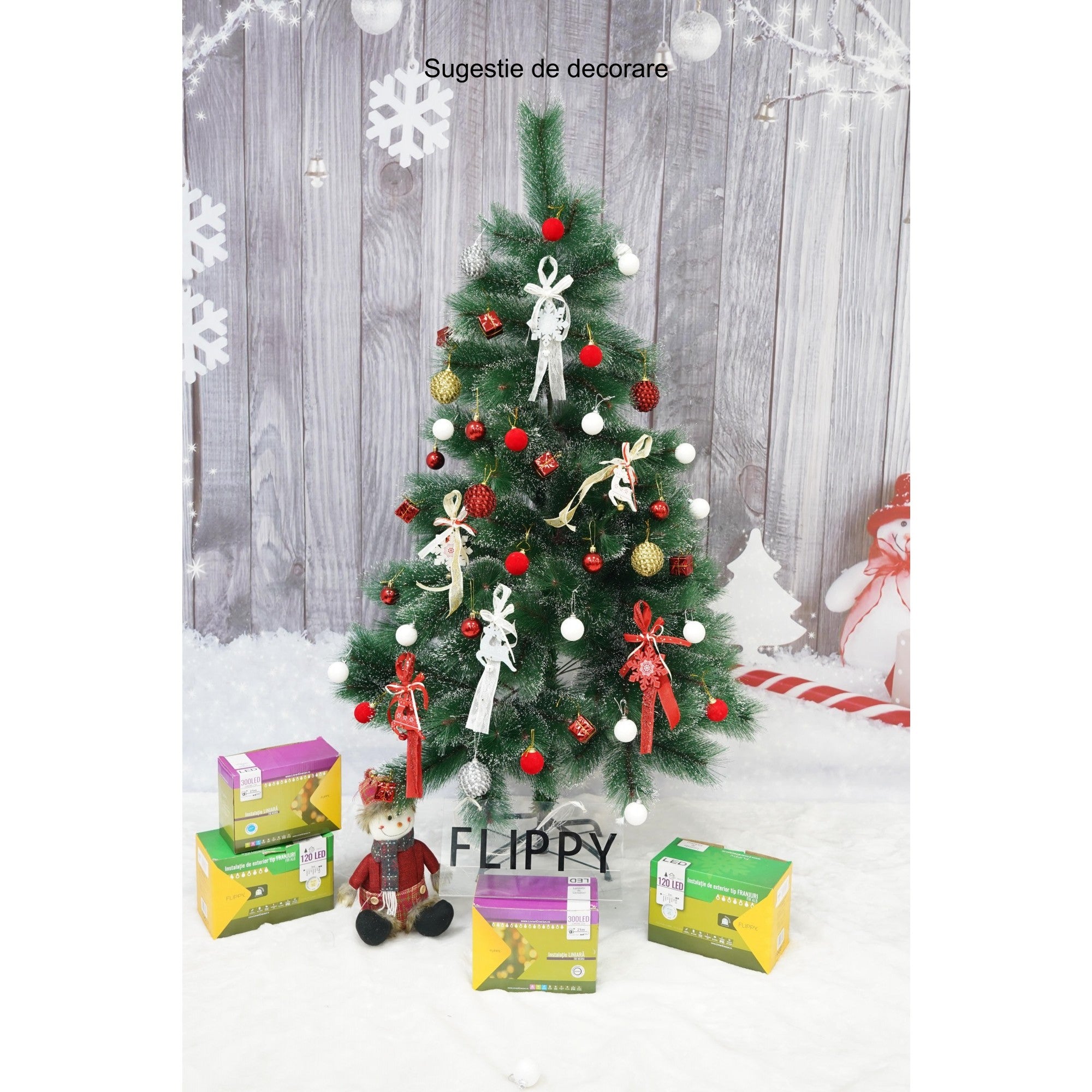 Brad artificial de Craciun tip pin inzapezit, inaltime 150 cm, diametru 85 cm, 160 ramuri cu ace 3D 12 cm, Flippy, verde cu varfuri ninse, suport metalic inclus-2