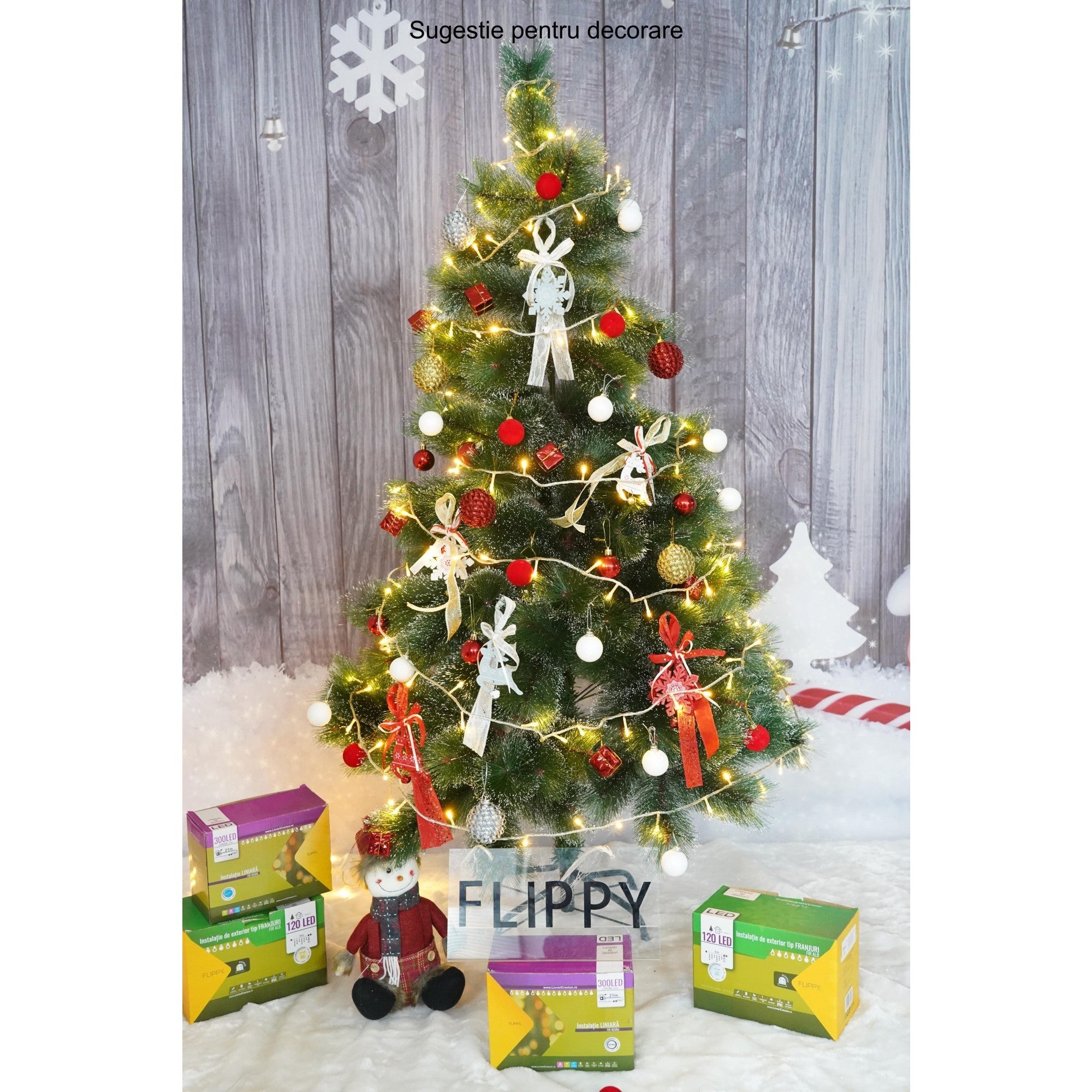 Brad artificial de Craciun tip pin inzapezit, inaltime 150 cm, diametru 85 cm, 160 ramuri cu ace 3D 12 cm, Flippy, verde cu varfuri ninse, suport metalic inclus-3