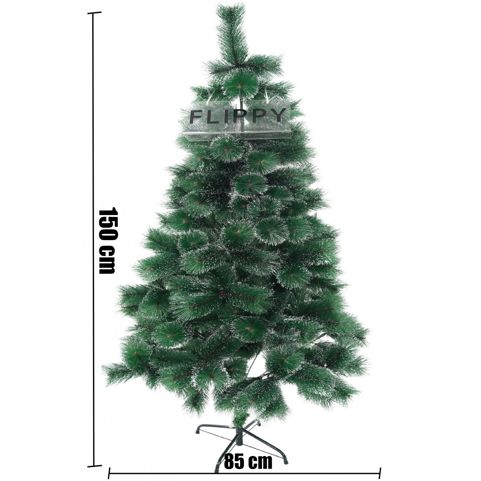 Brad artificial de Craciun tip pin inzapezit, inaltime 150 cm, diametru 85 cm, 160 ramuri cu ace 3D 12 cm, Flippy, verde cu varfuri ninse, suport metalic inclus-5