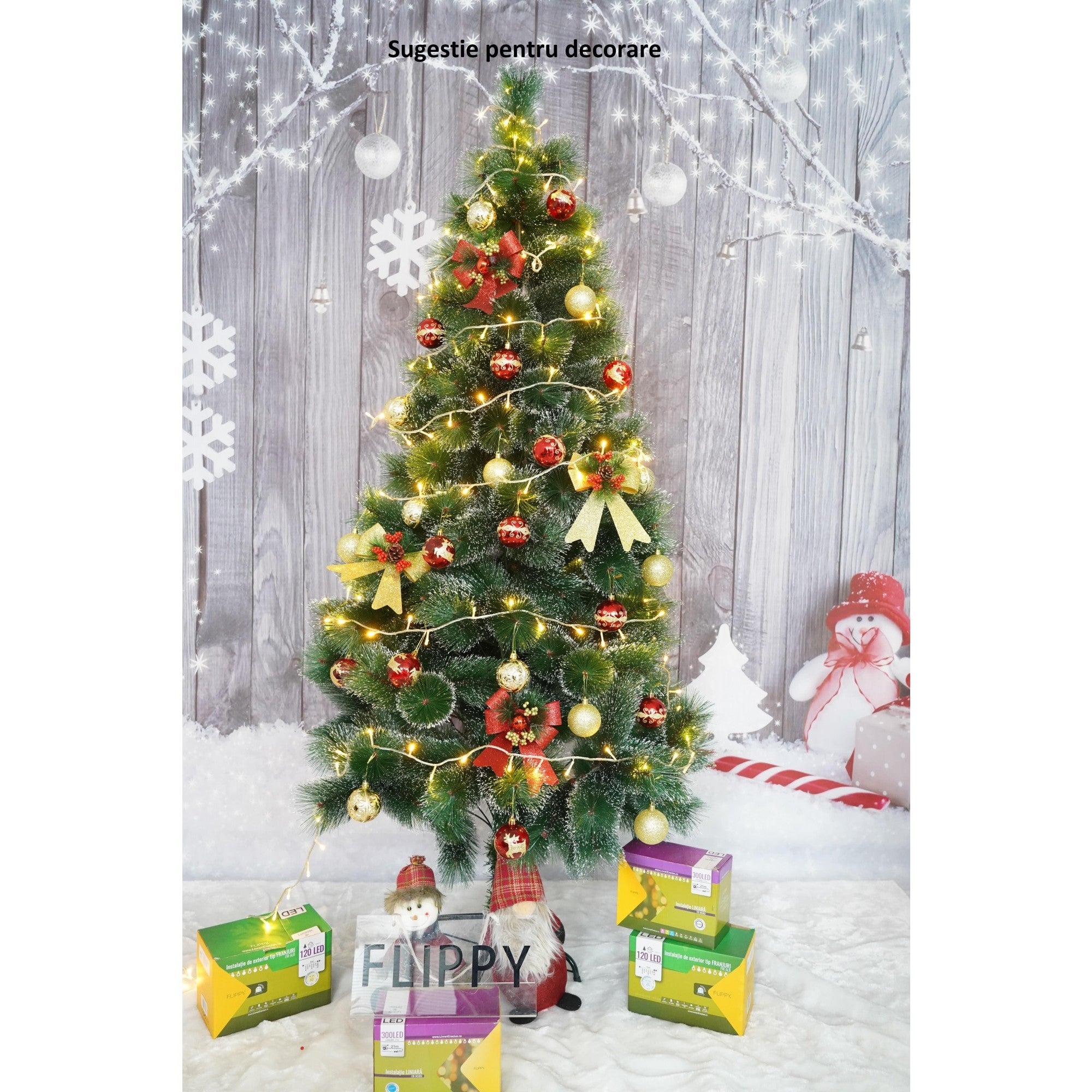 Brad artificial de Craciun tip pin inzapezit, inaltime 180 cm, diametru 105 cm, 260 ramuri cu ace 3D 12 cm, Flippy, verde cu varfuri ninse, suport metalic inclus-2