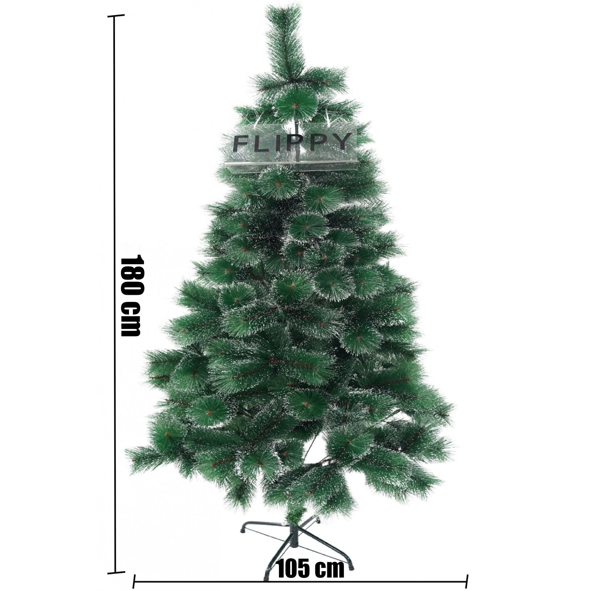 Brad artificial de Craciun tip pin inzapezit, inaltime 180 cm, diametru 105 cm, 260 ramuri cu ace 3D 12 cm, Flippy, verde cu varfuri ninse, suport metalic inclus-3