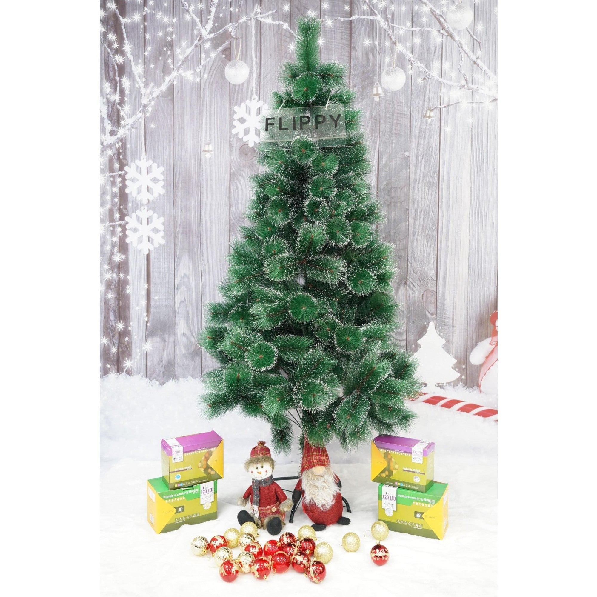 Brad artificial de Craciun tip pin inzapezit, inaltime 210 cm, diametru 115 cm, 350 ramuri cu ace 3D 12 cm, Flippy, verde cu varfuri ninse, suport metalic inclus-1