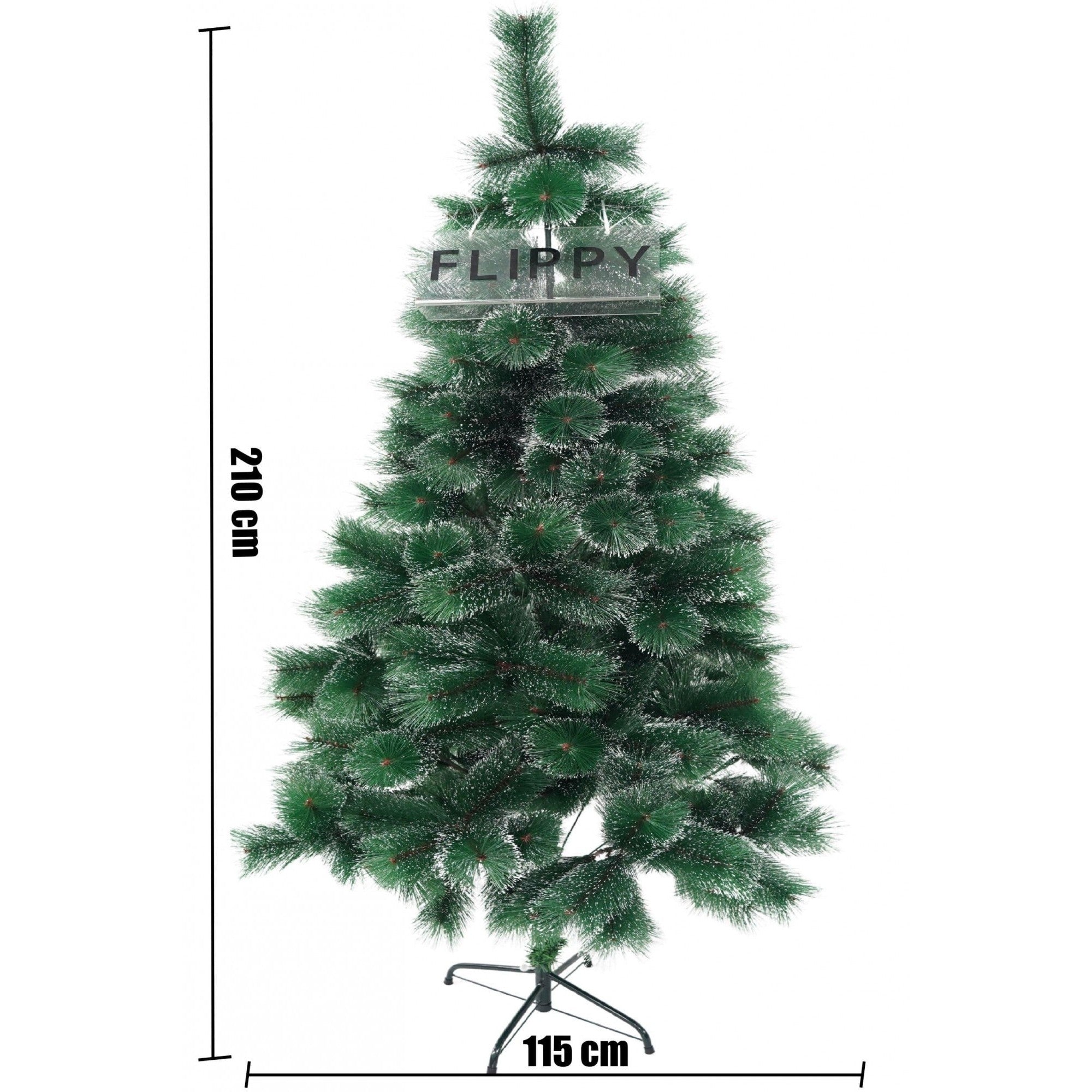 Brad artificial de Craciun tip pin inzapezit, inaltime 210 cm, diametru 115 cm, 350 ramuri cu ace 3D 12 cm, Flippy, verde cu varfuri ninse, suport metalic inclus-3