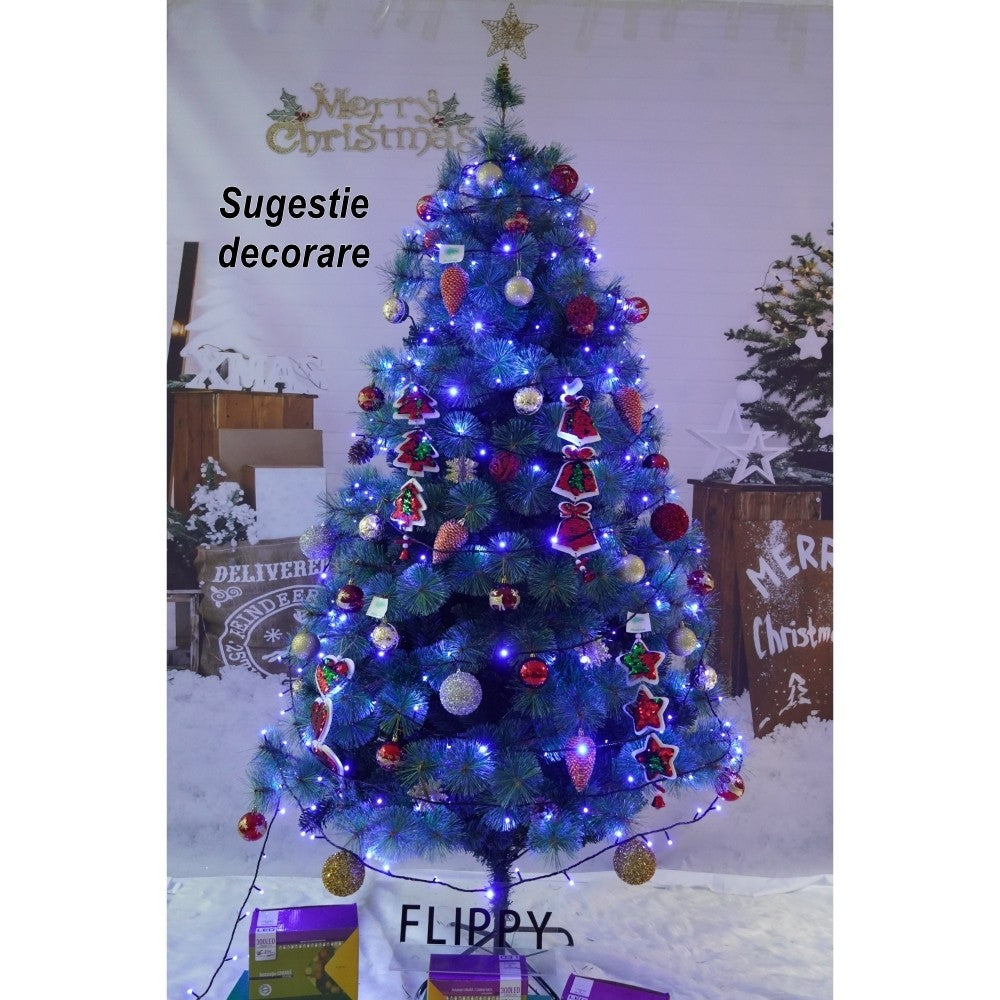 Brad artificial de Craciun tip pin, pentru interior/exterior, inaltime 150 cm, diametru 92 cm, 400 ramuri, Flippy, verde, suport metalic inclus-5